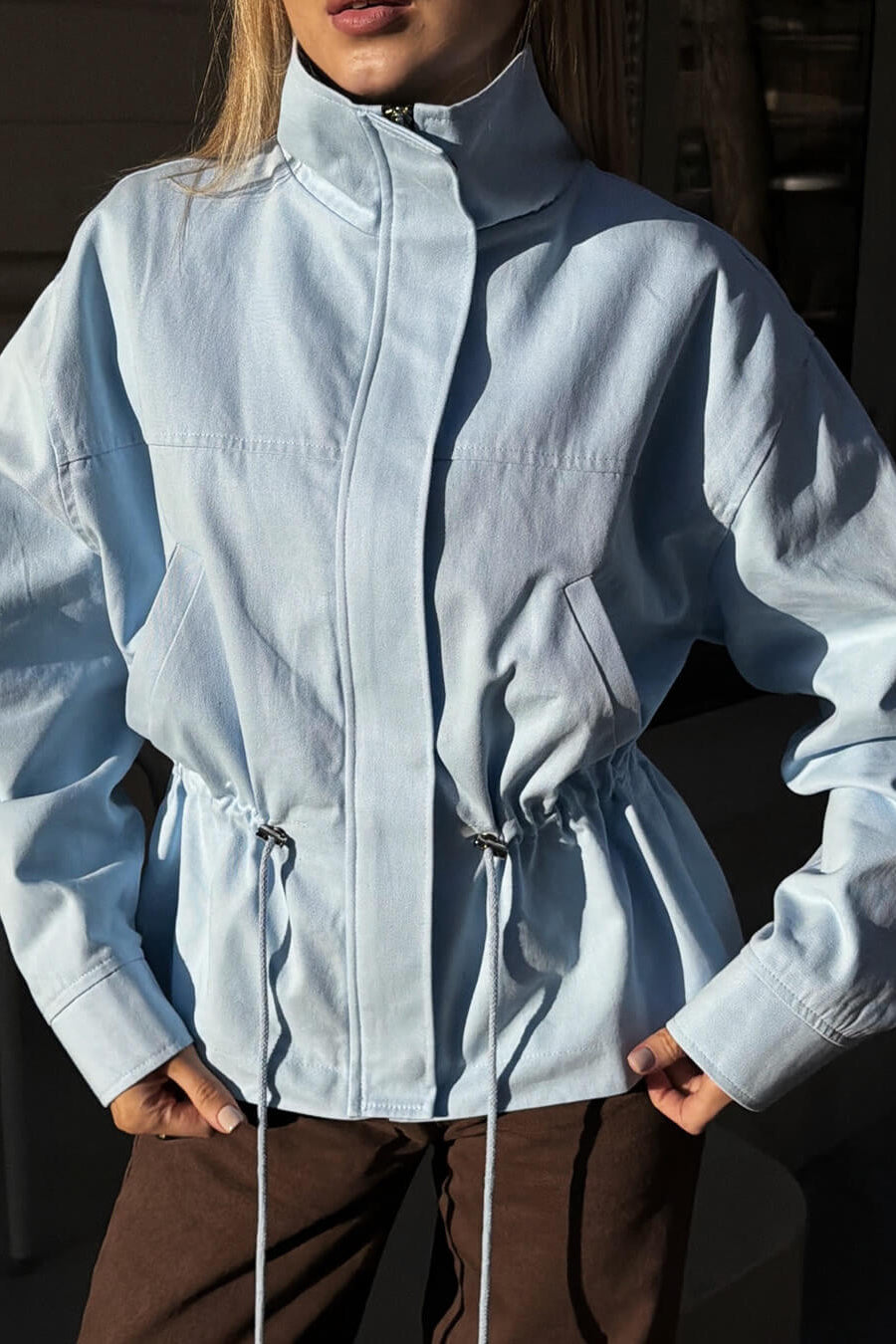 OLANE Zip-Up Drawstring Stand Collar Jacket BlueMWomen's Coats & Jackets