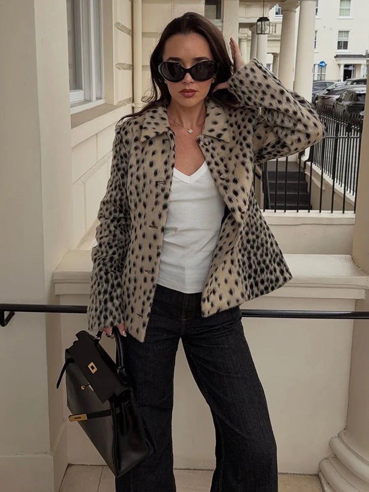 Leopard Print Lapel Faux Fur Coat
