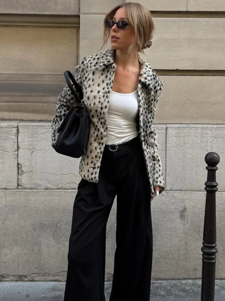Leopard Print Lapel Faux Fur Coat
