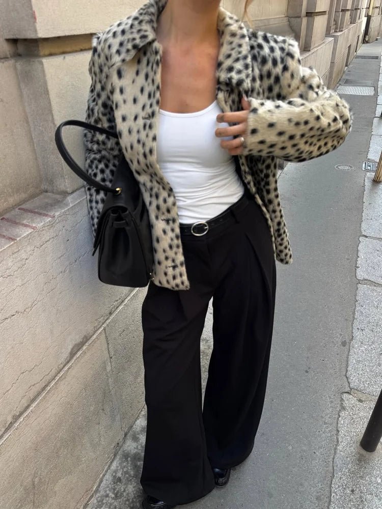 Leopard Print Lapel Faux Fur Coat