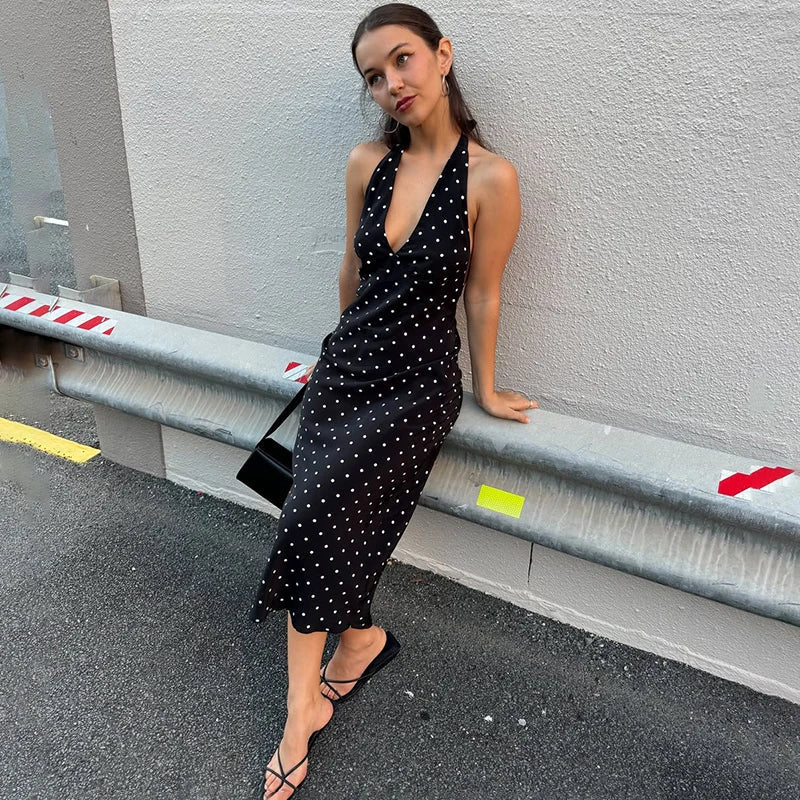 Classic Polka Dot Halter Midi Dress