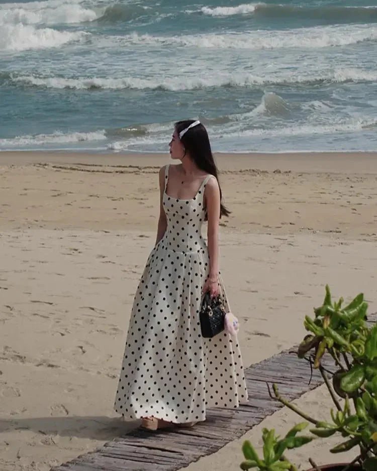 Classic Polka Dot Square Neckline Midi Dress