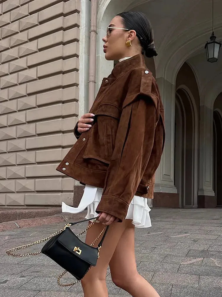 OLANE Structured Wide Shoulder Faux Suede Jacket
