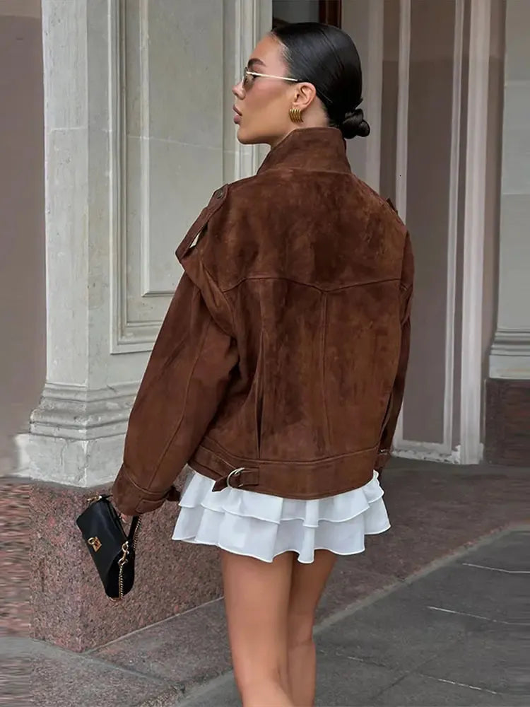 OLANE Structured Wide Shoulder Faux Suede Jacket