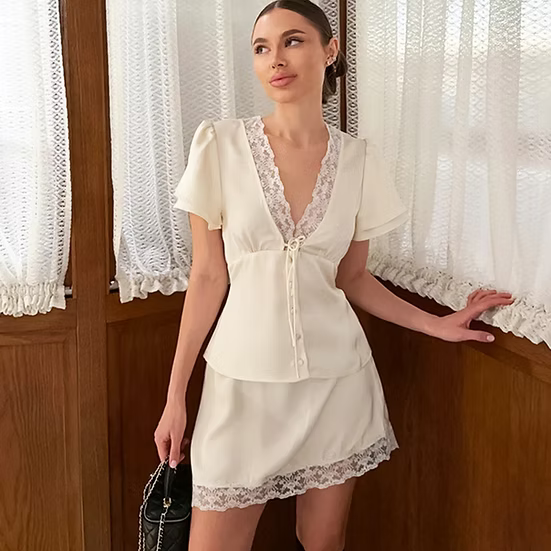 Short Sleeves Lace Satin Button Blouse