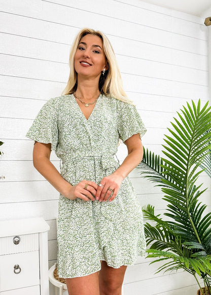 Floral Wrap-Tie Butterfly Sleeves Mini Dress