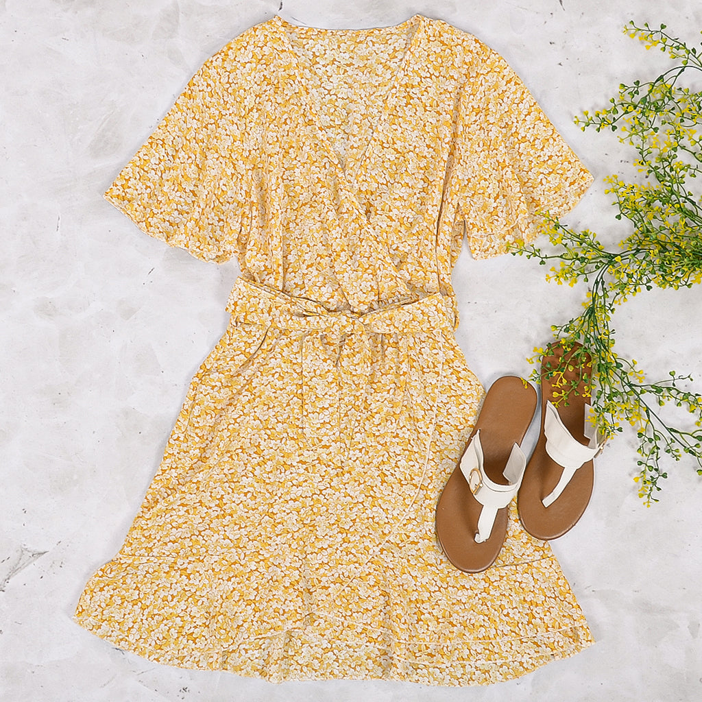 Floral Wrap-Tie Butterfly Sleeves Mini Dress