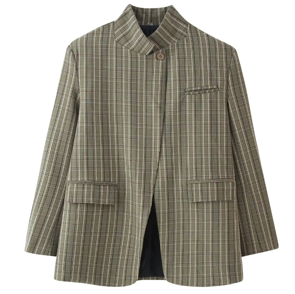 Chic Plaid Stand Collar Blazer