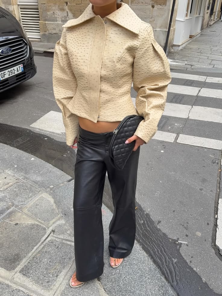 Ostrich Texture Cropped Faux Leather Jacket