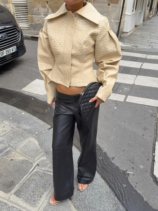 Ostrich Texture Cropped Faux Leather Jacket