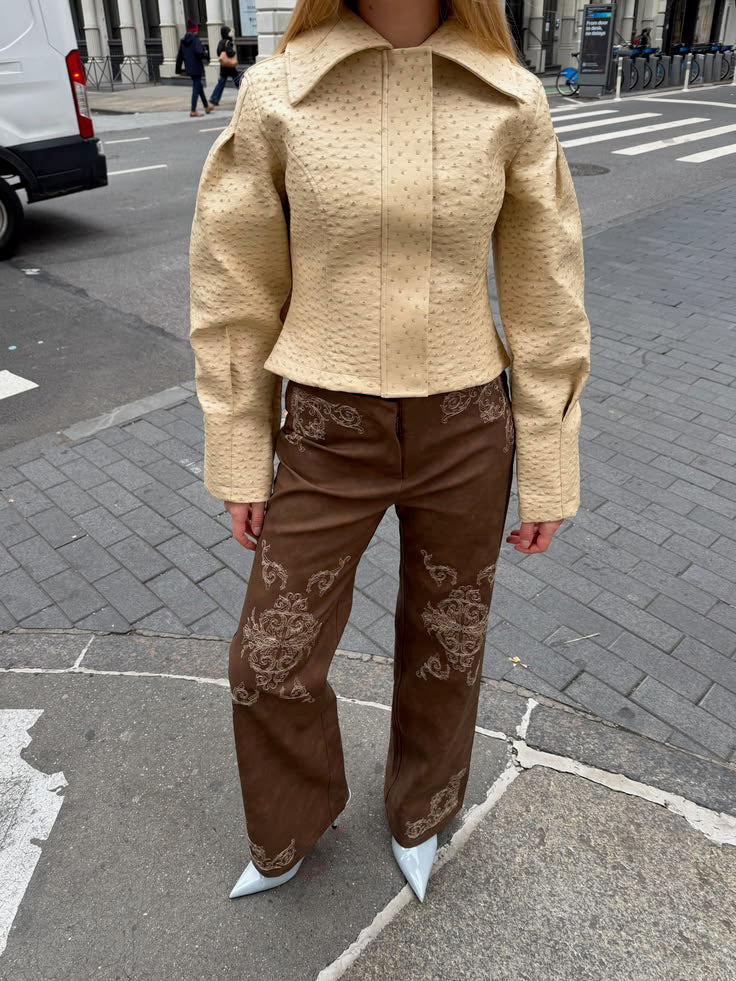 Ostrich Texture Cropped Faux Leather Jacket