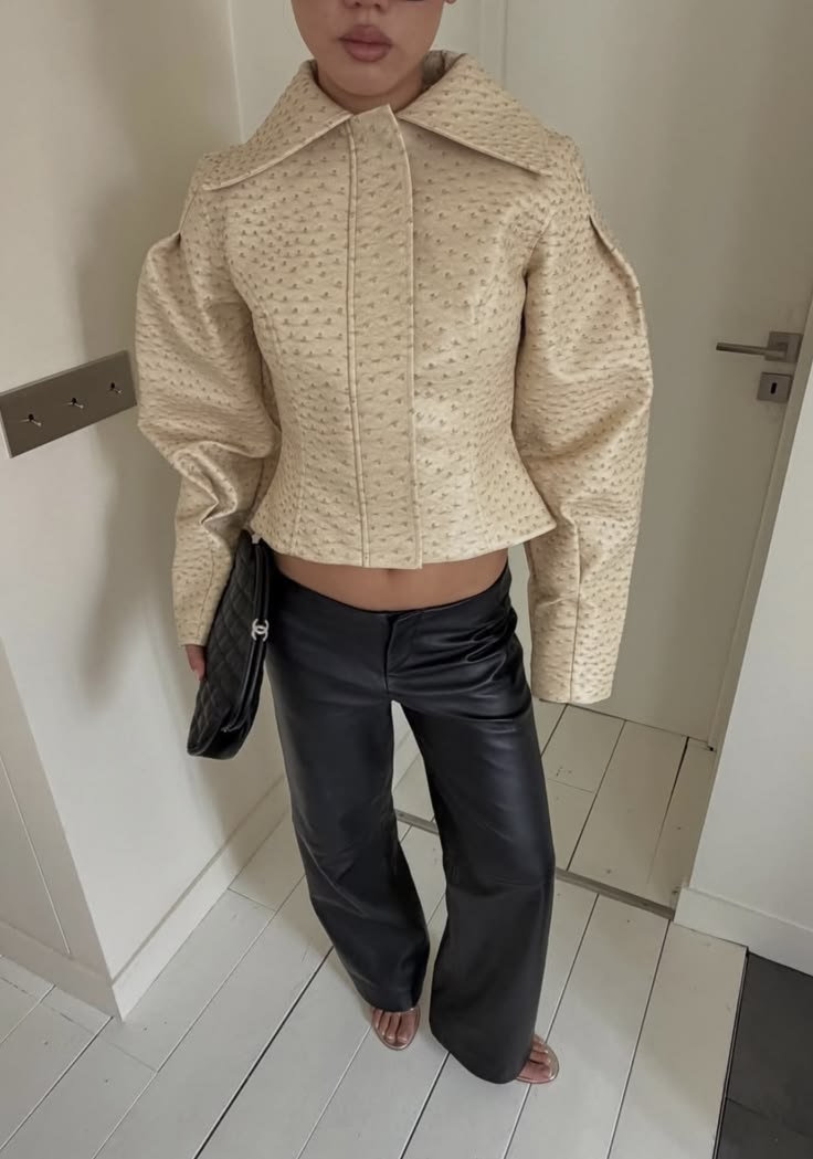Ostrich Texture Cropped Faux Leather Jacket