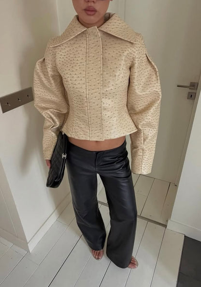 Ostrich Texture Cropped Faux Leather Jacket
