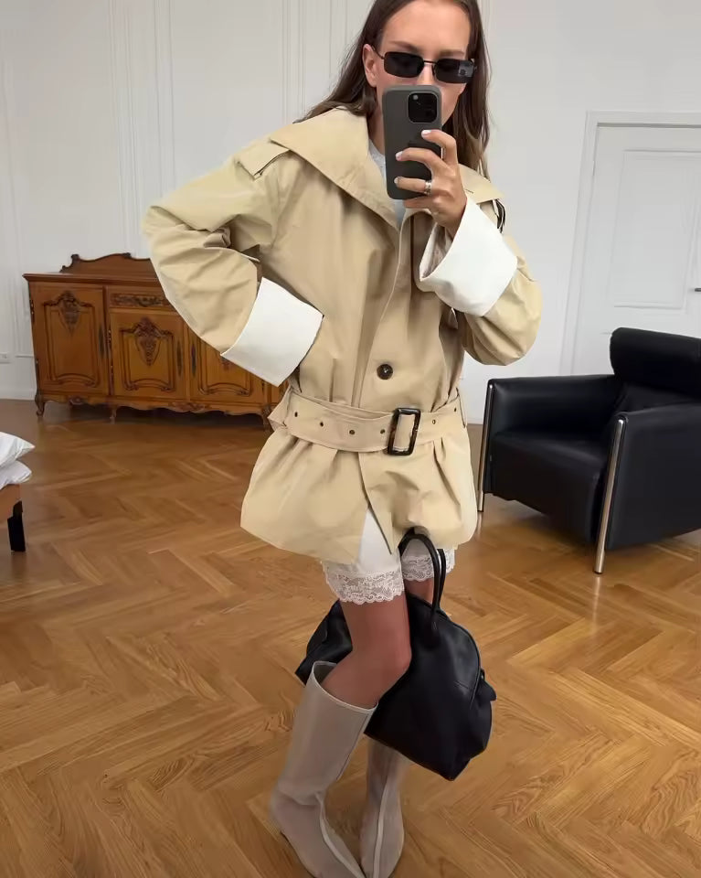 Contrast Cuffs Belted Trench Coat