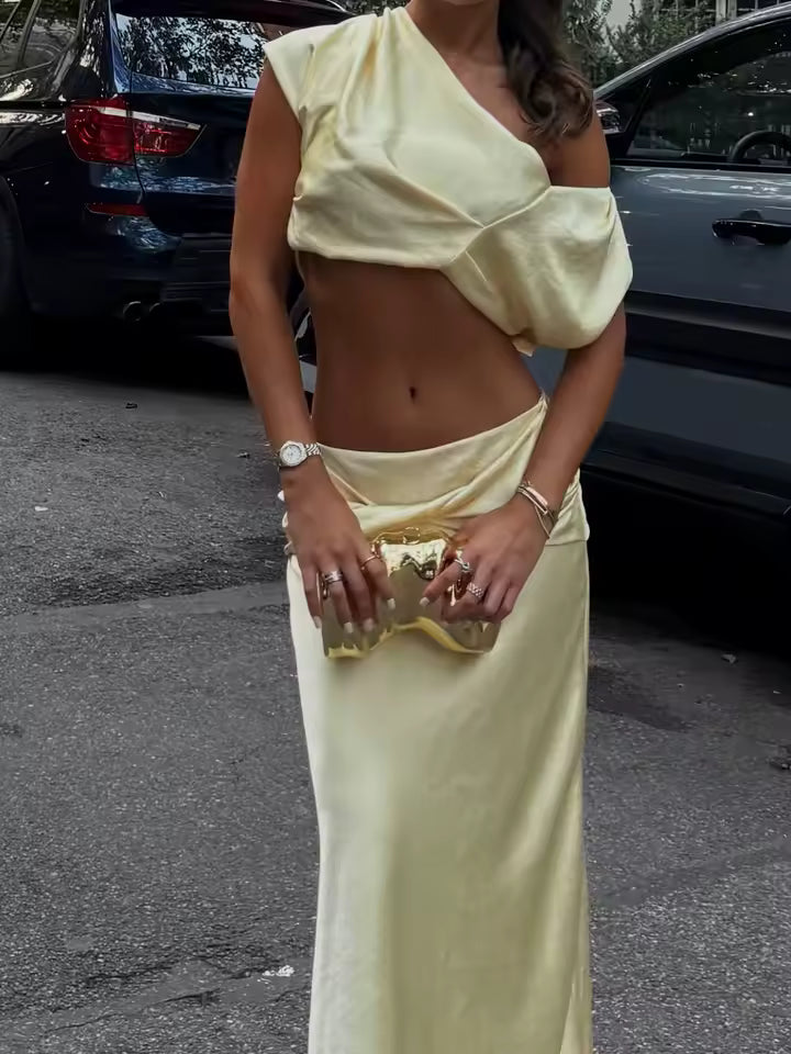 One-Shoulder Satin Pleated Two-Piece Set