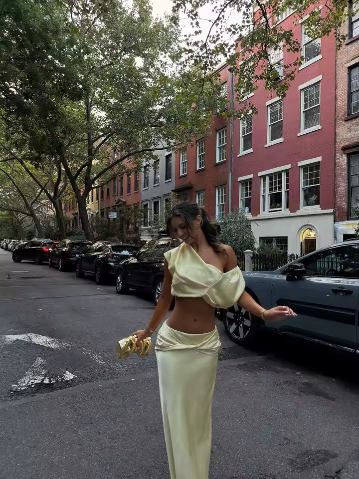 One-Shoulder Satin Pleated Two-Piece Set