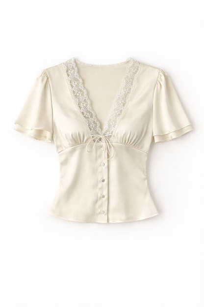 Short Sleeves Lace Satin Button Blouse