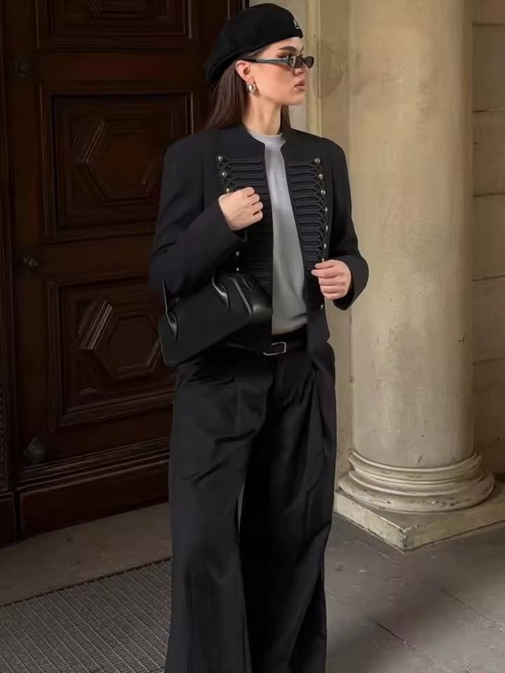 OLANE Military Leather Napoleon Jacket in Black