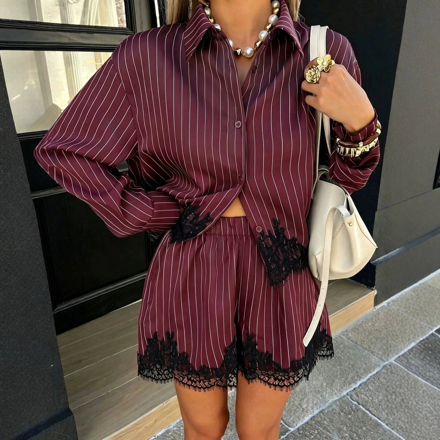 OLANE Natalie Long Sleeve Pinstripe Lace Trim Shorts Set BurgundyMWomen's Sets
