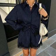 Long Sleeve Pinstripe Lace Trim Shorts Set