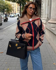 Argyle Ribbed Knit Zip-Up Cardigan
