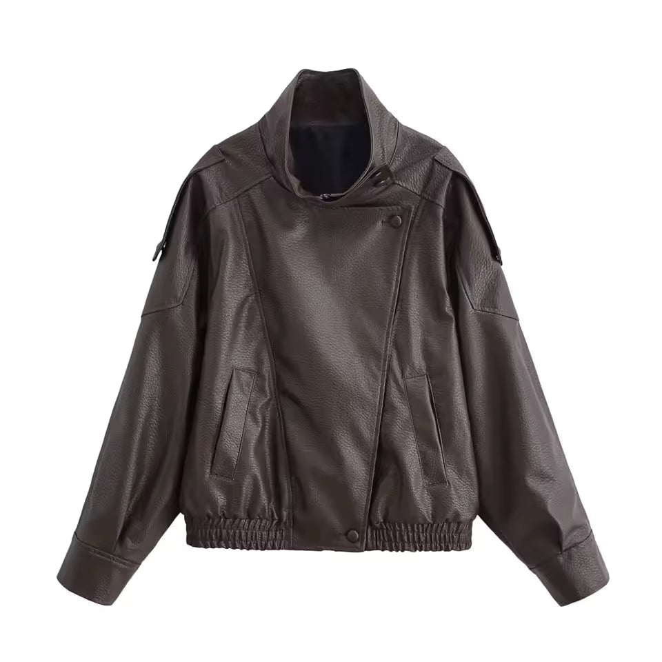 OLANE Asymmetric Button Pocket Jacket BrownXSWomen's Coats & Jackets