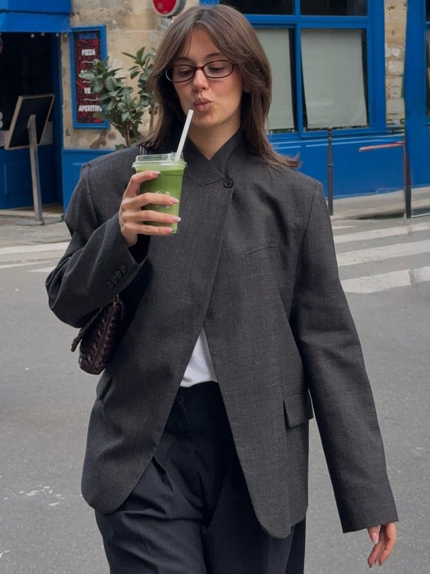 OLANE Asymmetric High Neck Blazer Coat Charcoal GreyXSBlazer