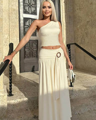 Kelly Asymmetric One-Shoulder Belted Maxi Skirt Set