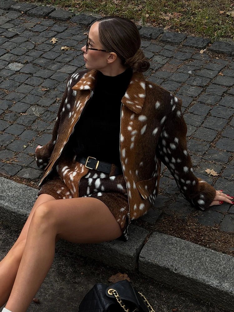 OLANE Bambi Faux Fur Jacket and Shorts Set Set (Jacket+Short)SWomen's Sets