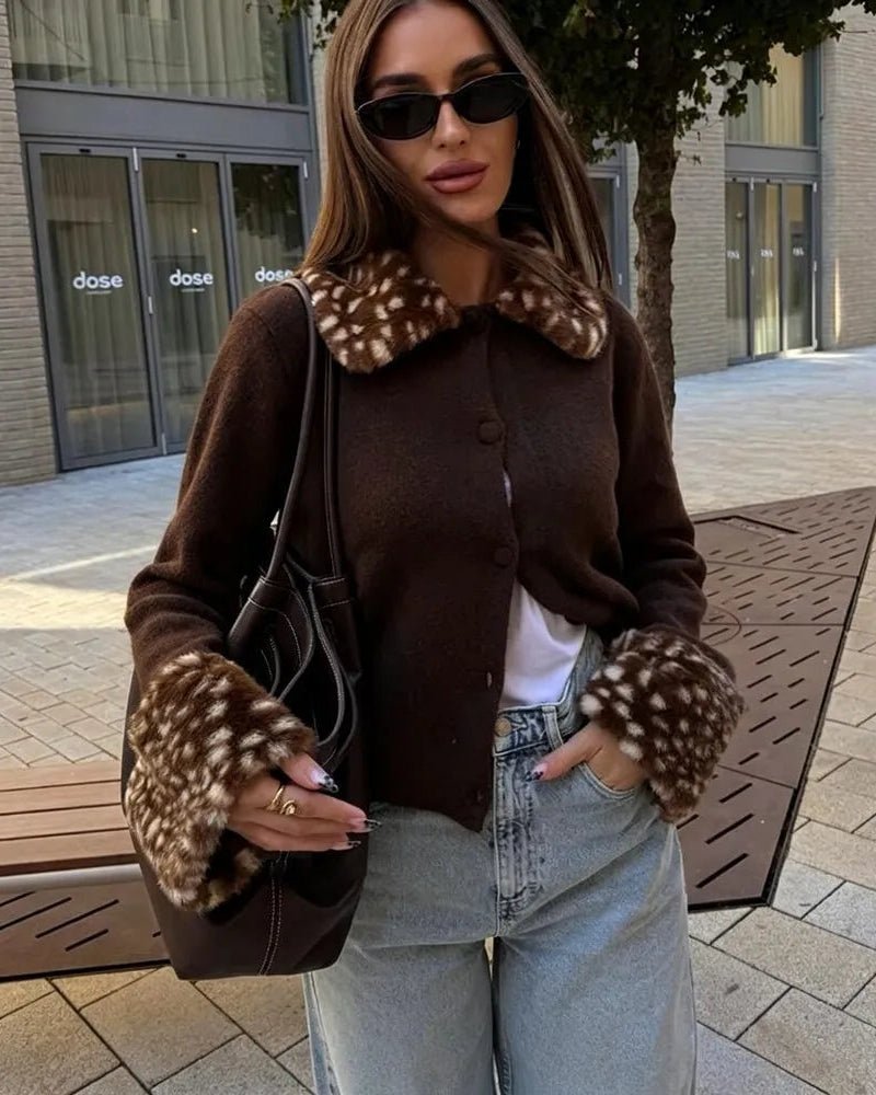 OLANE Bambi Faux Fur Trim Knit Cardigan BrownMCardigan