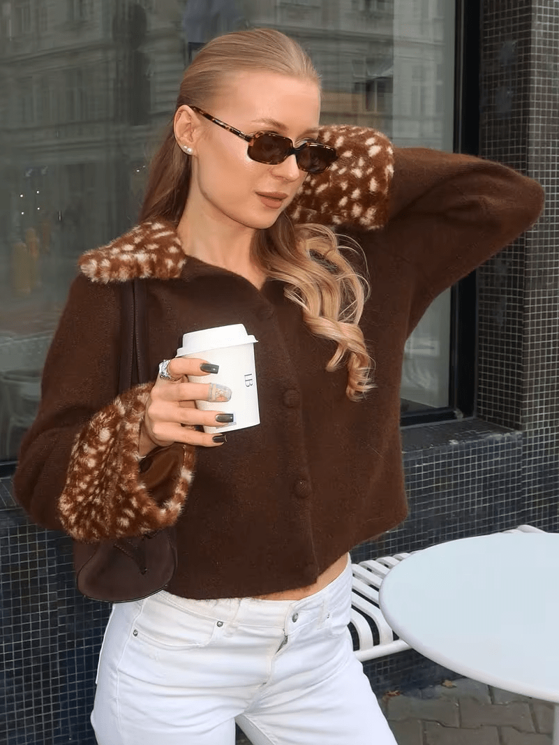 OLANE Bambi Faux Fur Trim Knit Cardigan BrownMCardigan