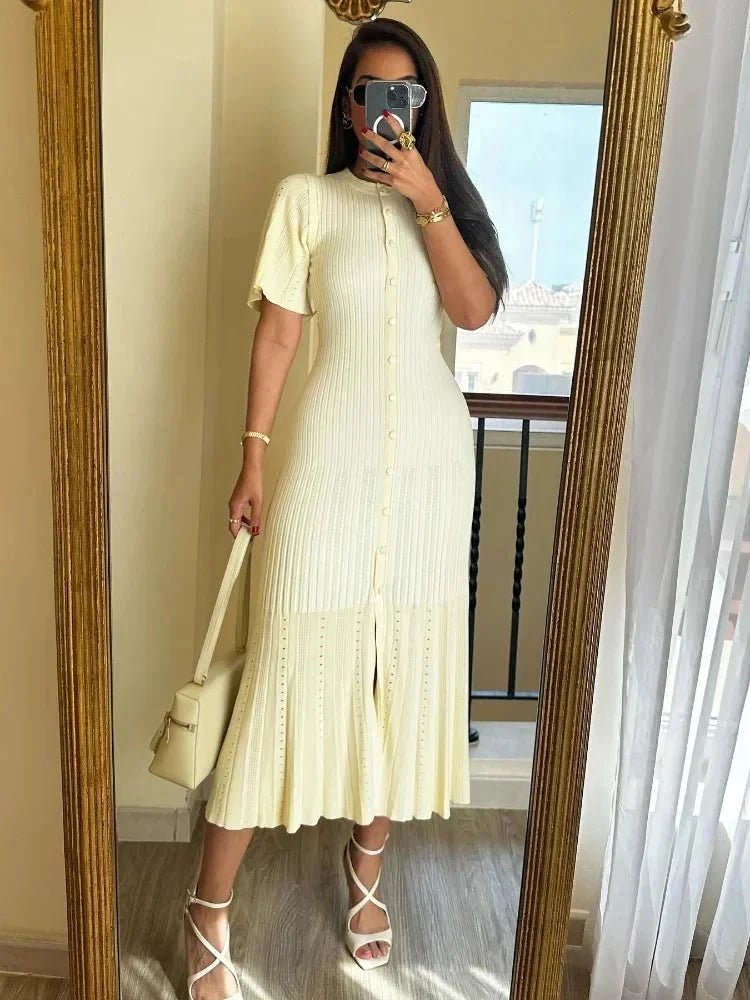 OLANE Bell Sleeve Pleated Knit Midi Dress BeigeSWomen's Dresses