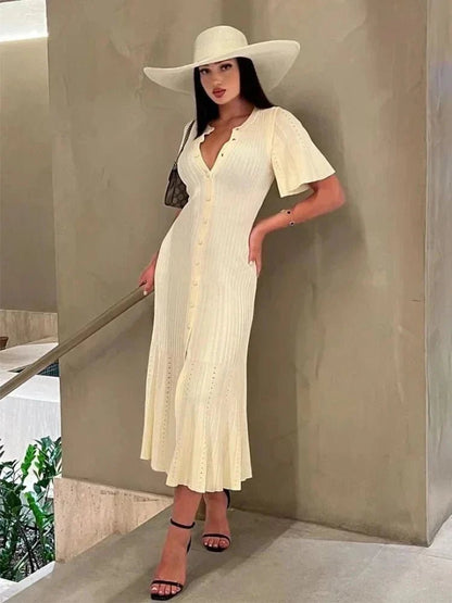 OLANE Bell Sleeve Pleated Knit Midi Dress BeigeSWomen's Dresses