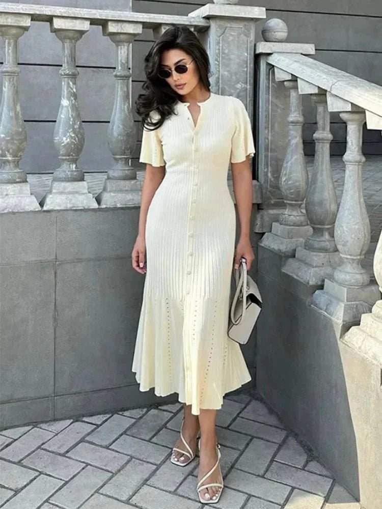 OLANE Bell Sleeve Pleated Knit Midi Dress BeigeSWomen's Dresses