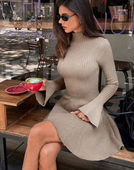 Bell Sleeve Ribbed Knit Sweater Dress
