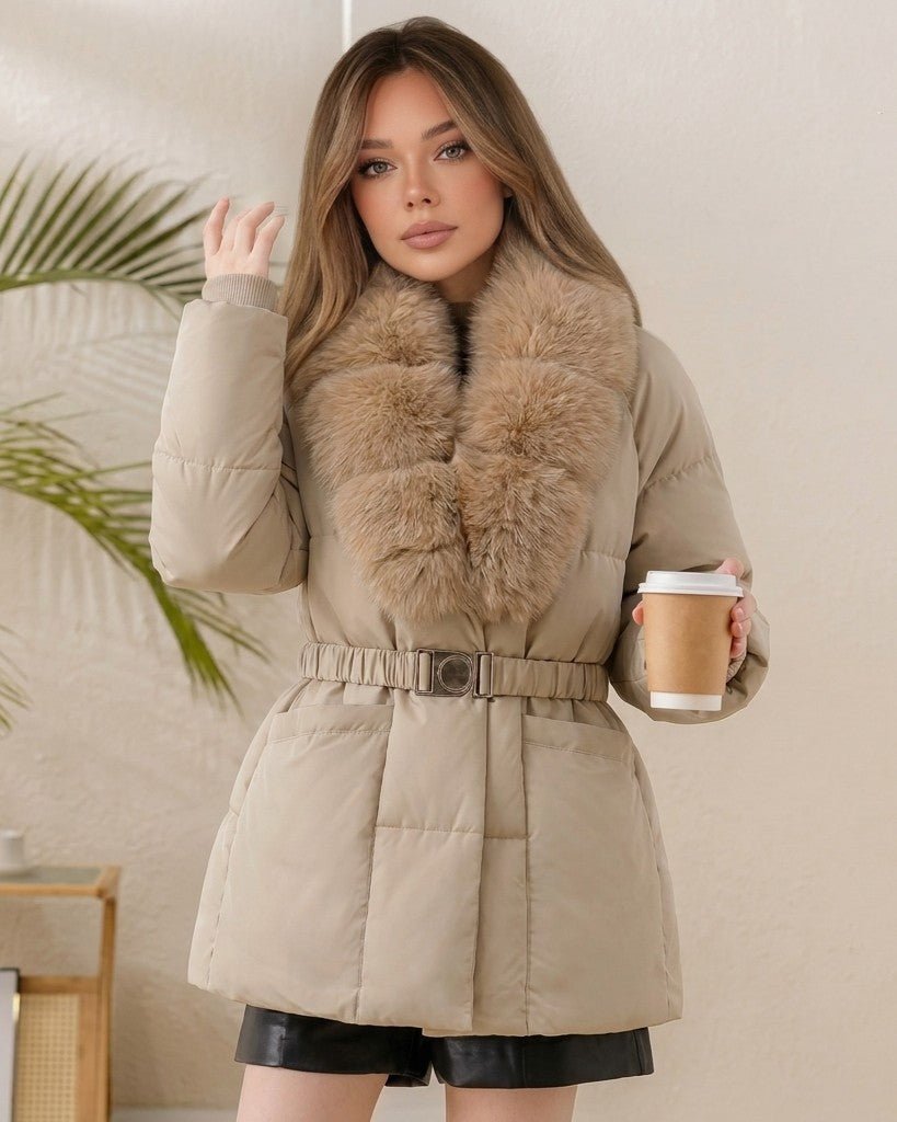 OLANE Belted Faux Fur Collar Quilted Parka BeigeSCoat