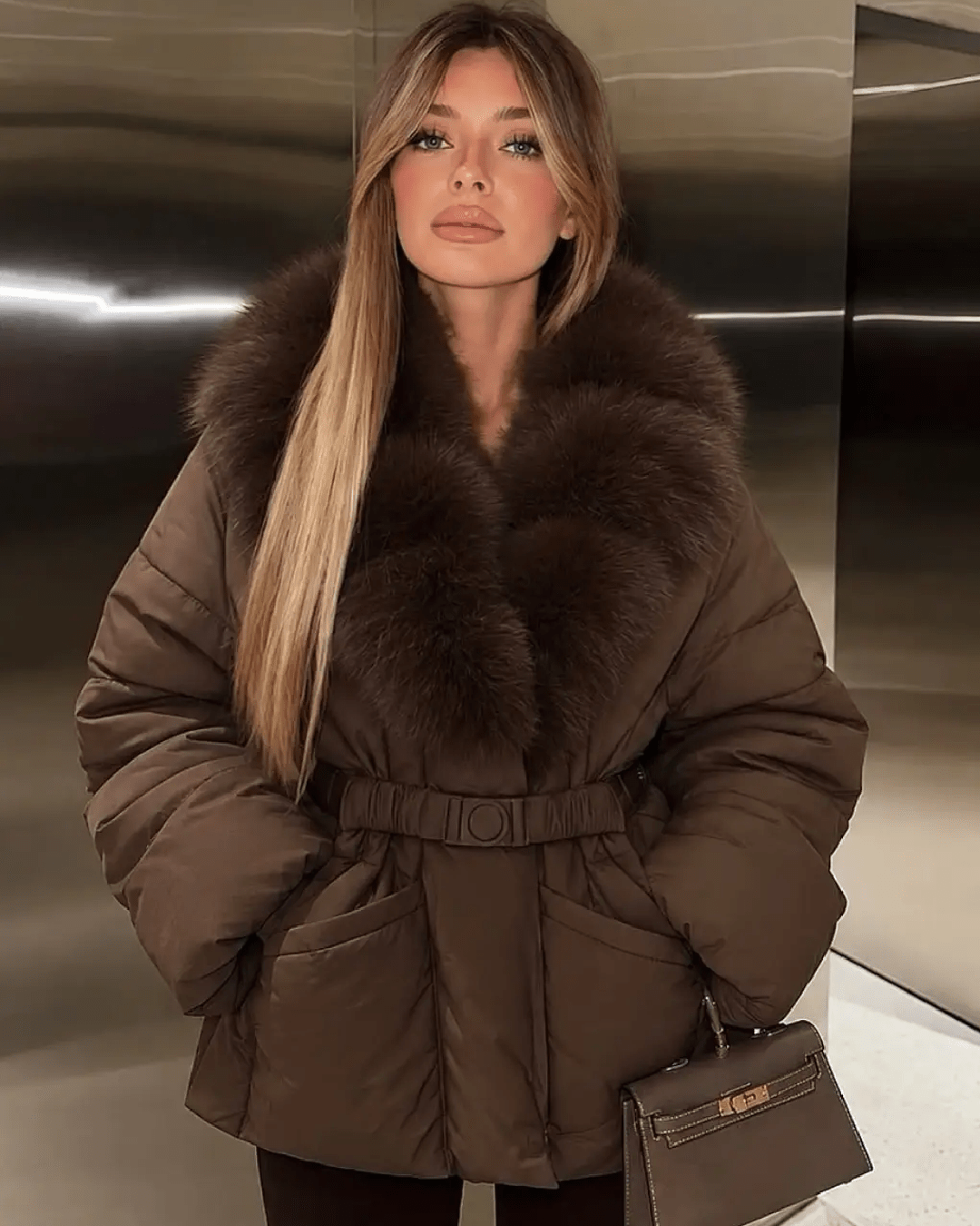 OLANE Belted Faux Fur Collar Quilted Parka BrownSCoat