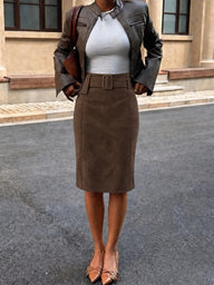 Belted Faux Suede Midi Skirt