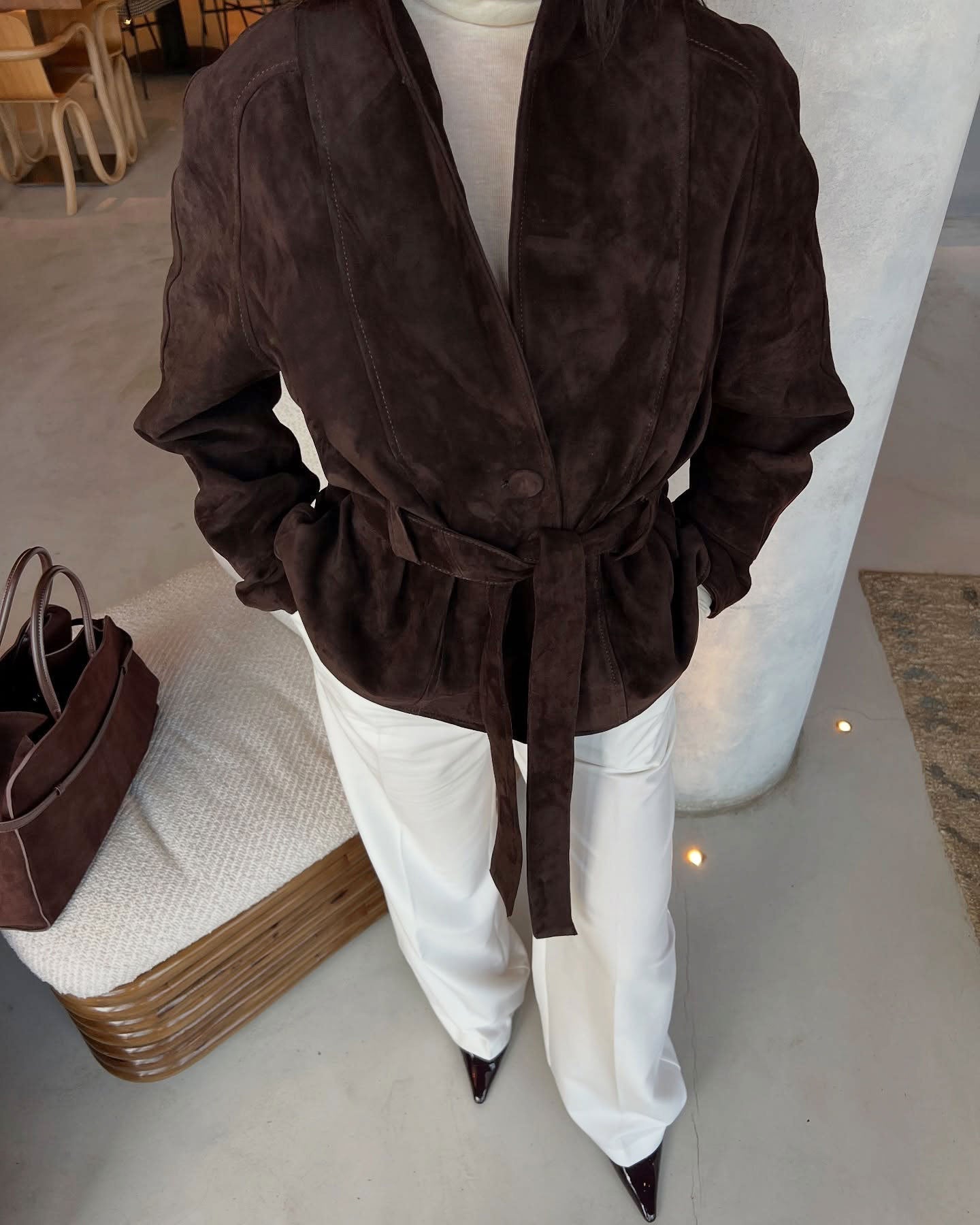 OLANE Belted Faux Suede Trench Coat BrownLWomen's Coats & Jackets