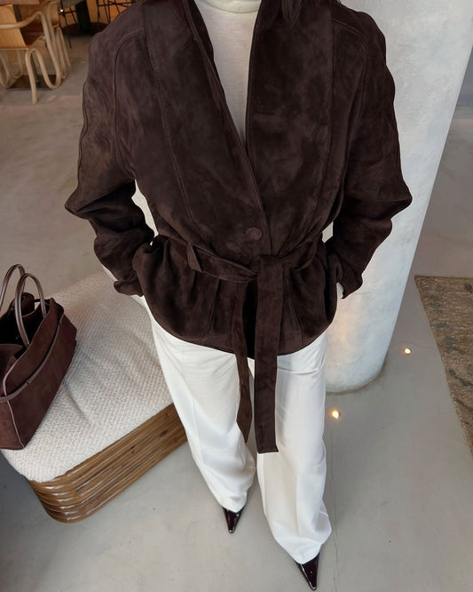 OLANE Belted Faux Suede Trench Coat BrownLWomen's Coats & Jackets