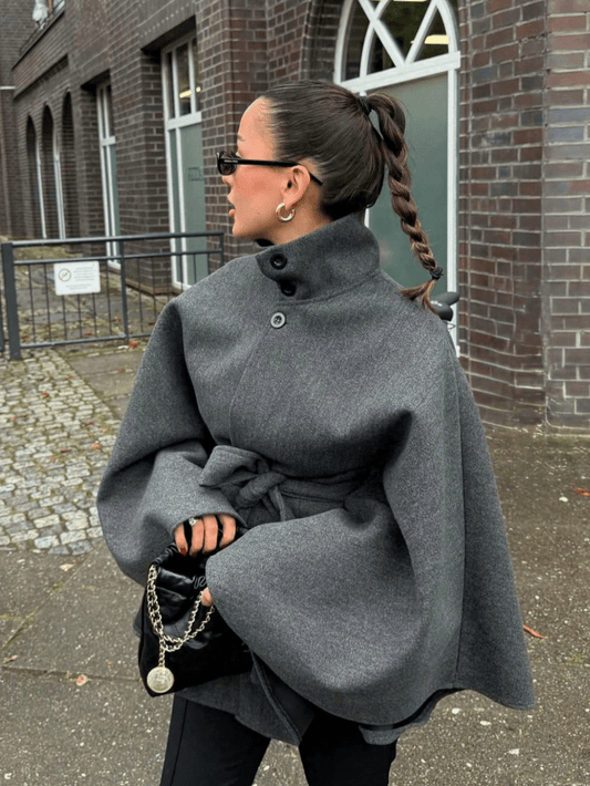OLANE Belted High Neck Cape Jacket GreySJacket