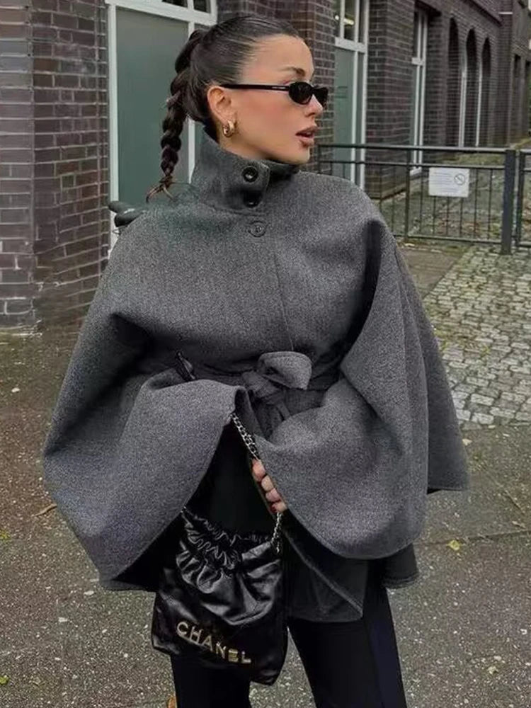 OLANE Belted High Neck Cape Jacket GreyXSJacket