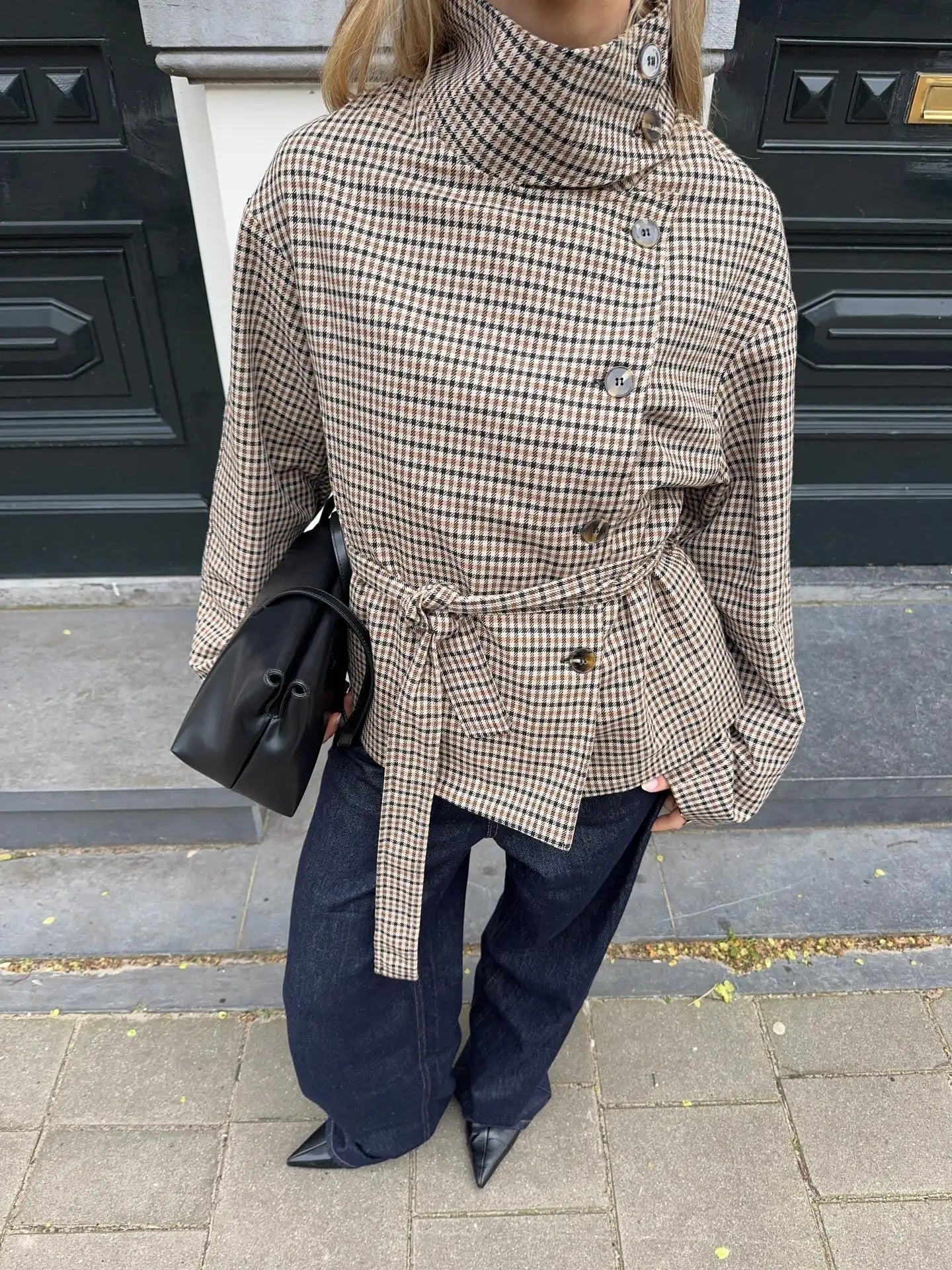 OLANE Belted Plaid Funnel Neck Coat CheckMWomen's Coats & Jackets