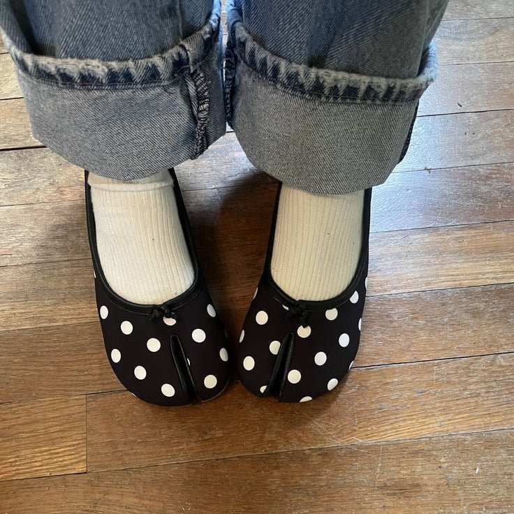 OLANE Bow Knot Split Toe Ballet Flats Black Polka Dots35Women's Shoes