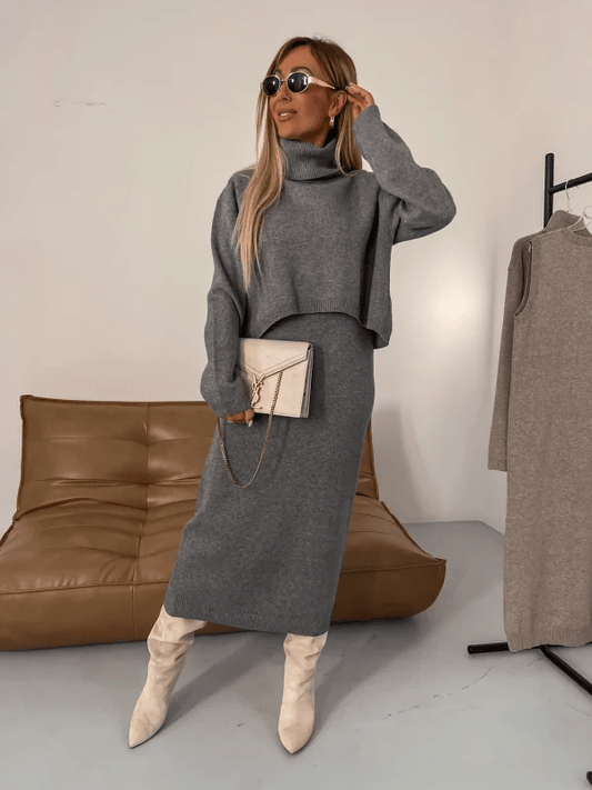 Olane Brand Cozy Midi Dress with Pullover Set GraySMidi Dresses