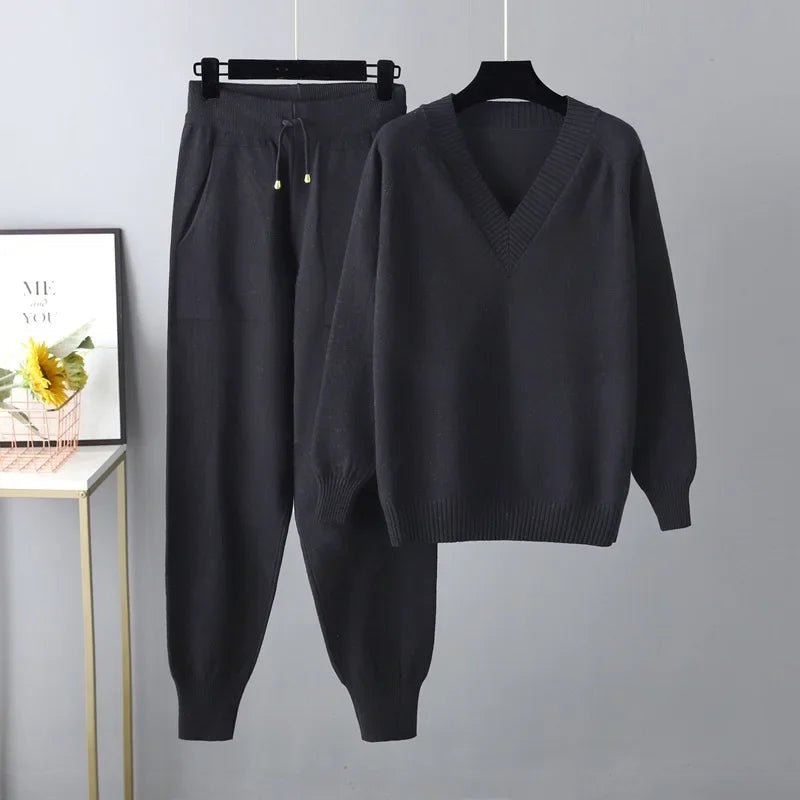 Olane Brand Knitted V - Neck Wool Set BlackSWomen's Sets