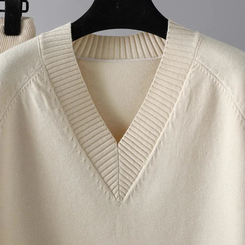 Olane Brand Knitted V - Neck Wool Set CremeSWomen's Sets