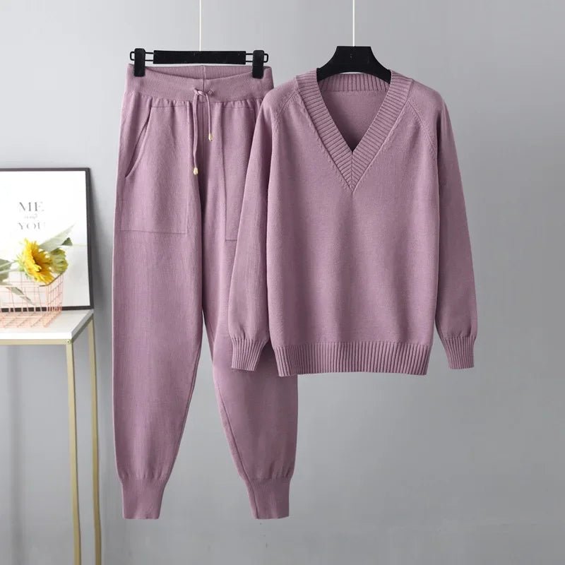 Olane Brand Knitted V - Neck Wool Set PurpleSWomen's Sets