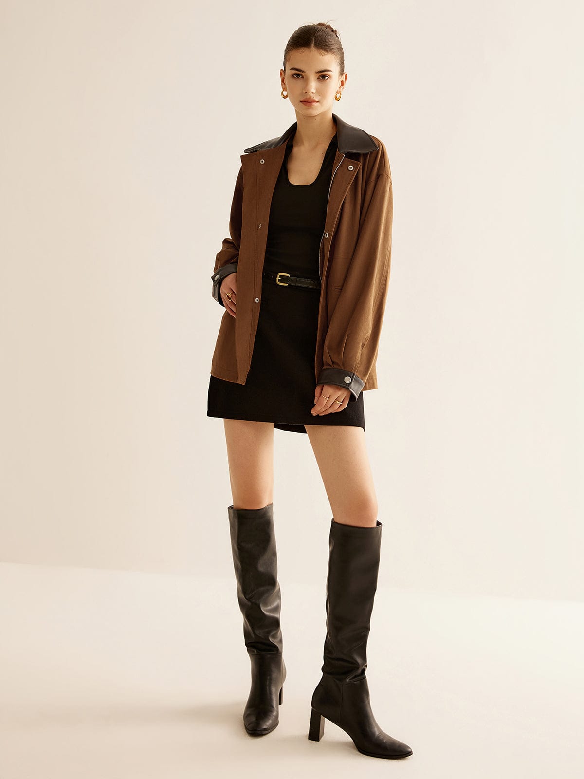 Olane Brand Oversized Jacket with Leather Accents BrownLWomen's Jackets