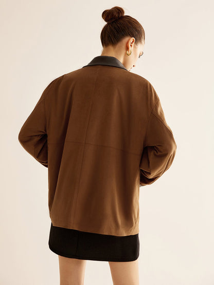 Olane Brand Oversized Jacket with Leather Accents BrownMWomen's Jackets